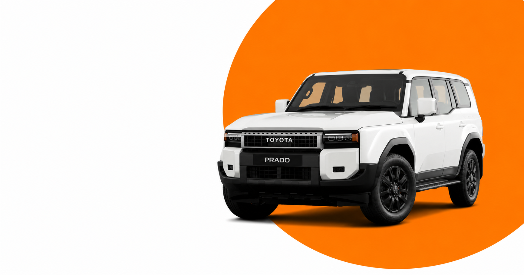 Latest white Toyota Land Cruiser Prado presented against an orange Auto Cover backdrop